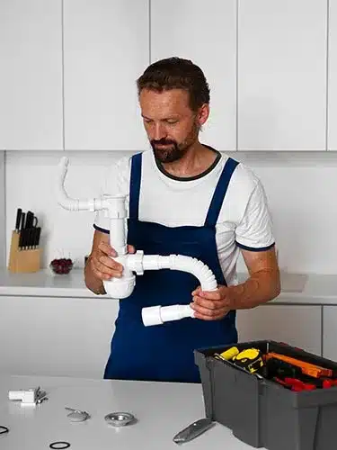 homme qui examine un tuyaux pour l'évier